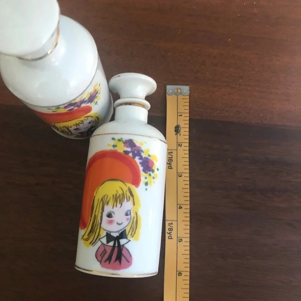 Vintage Porcelain Dresser Bottles Two Pair Schoolgirl Design Japan 1970s